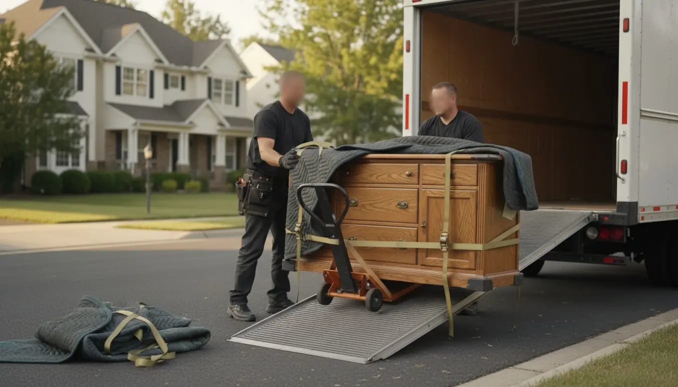 Et tungt træskænk pakket i flyttetæpper løftes op i en flyttevogn med dolly og remme.
