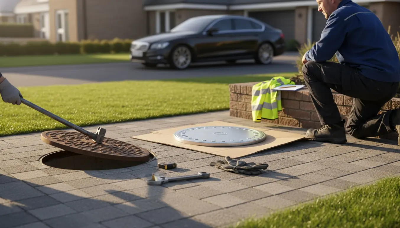 Udskiftning af to kloakdæksler i en indkørsel med værktøj og en arbejder med ryggen til.