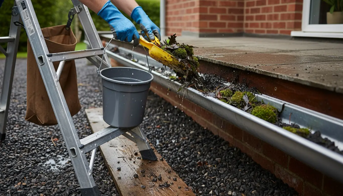 To korte tagrender bliver renset fra en stige med våde blade og mudder over blød, grusbelagt jord.
