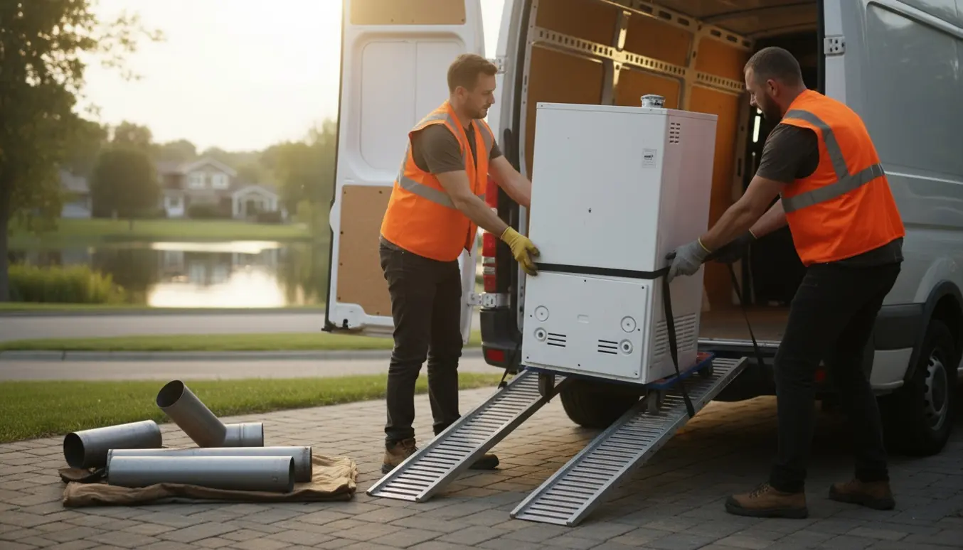 Lastning af afmonteret gasfyr og aftræk i en varevogn på en indkørsel, klar til transport.