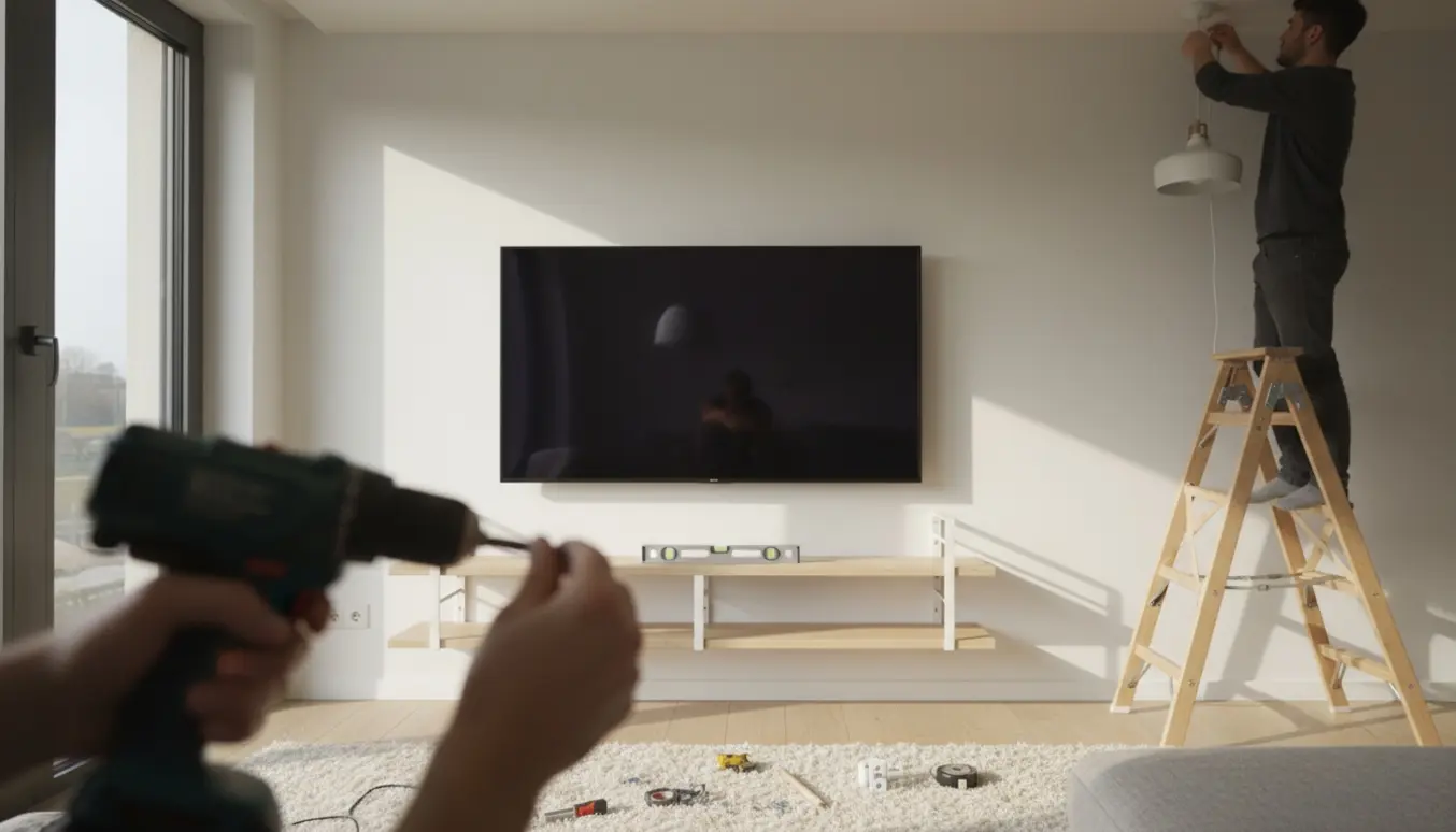 Hænder monterer en reol under et væghængt TV og forbinder en loftslampe med ekstra hvid ledning i en lys stue.