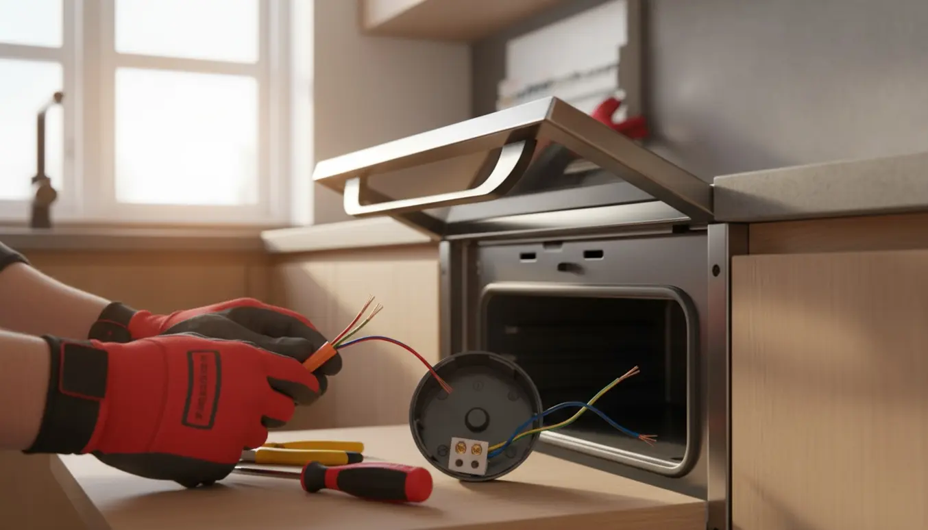 Hænder i isolerede handsker tilslutter en indbygningsovn til en åben el-dåse i et lyst, moderne køkken.