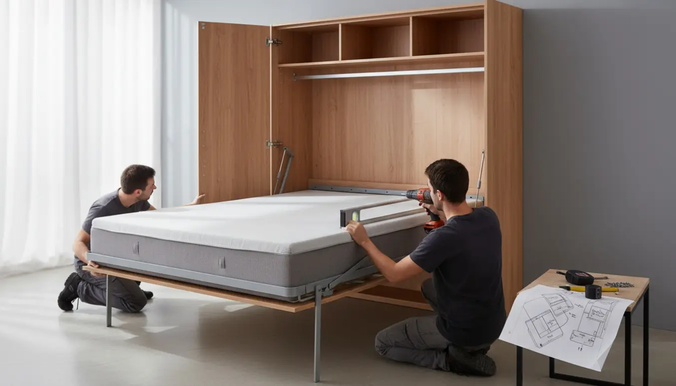 Skabsseng 140x200 under montering i et lyst, moderne soveværelse med værktøj og hænder i arbejde.