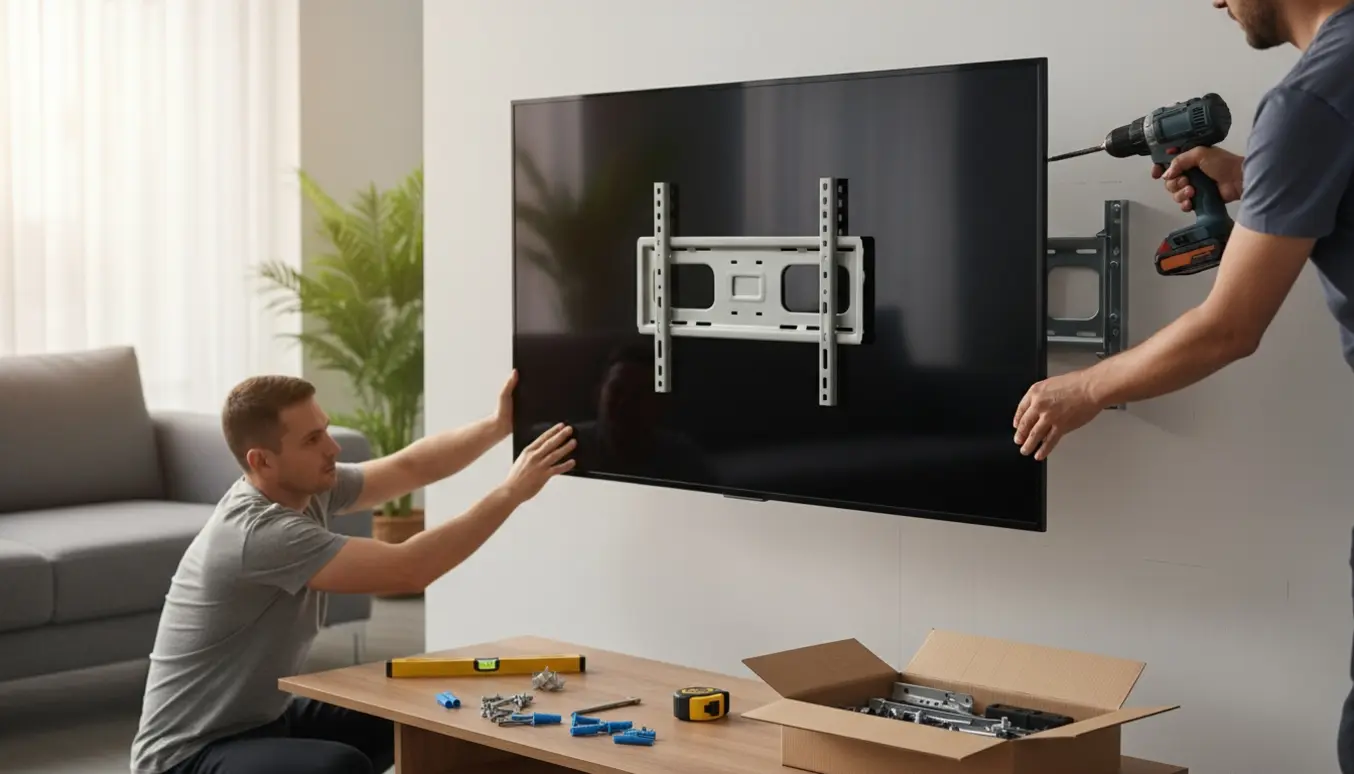 Hænder monterer et 65-tommer fladskærms-tv på en gipsvæg med beslag, boremaskine og rawlplugs i en lys stue.