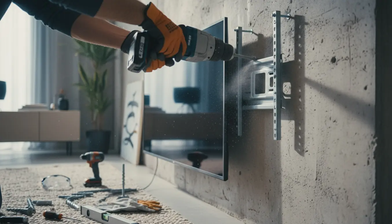 Montage af et fladskærms-tv på en betonvæg med boremaskine og beslag, kun hænder synlige.