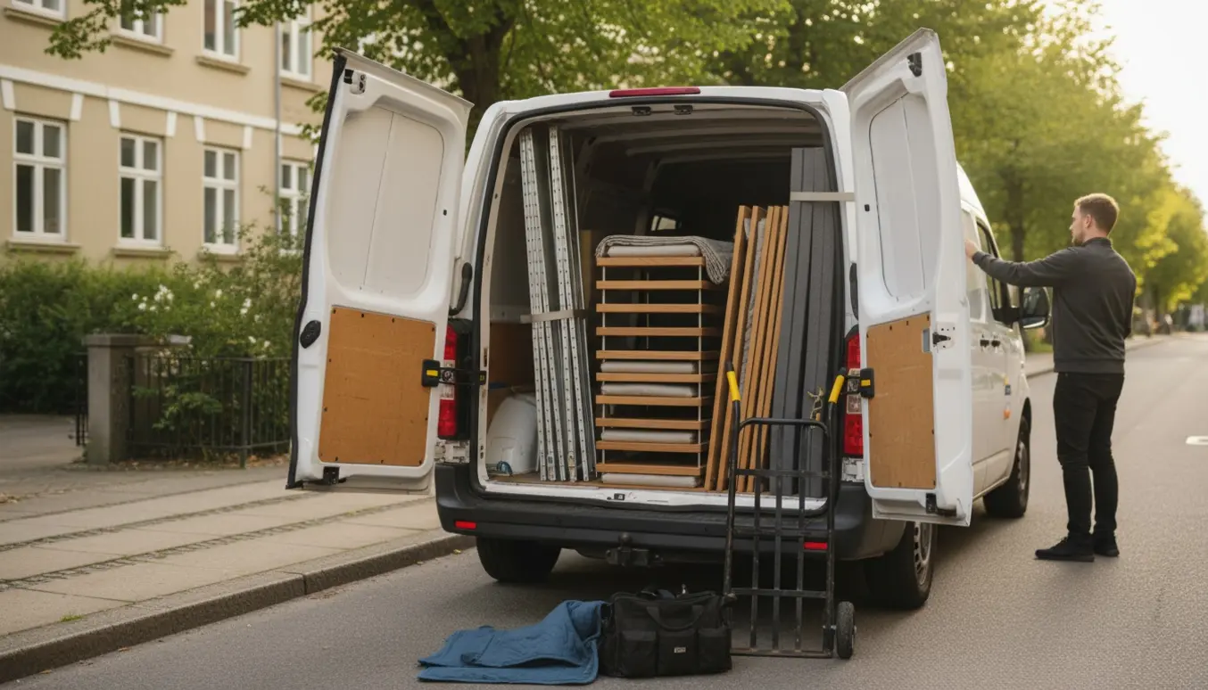 Bagagerummet på en varebil med en skilt stigereol — fire lange stolper og stabler af hylder klar til transport.