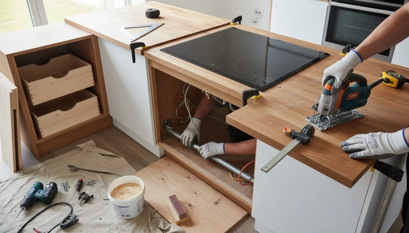 Nærbillede af montering af køkkenø med udskårne bordplader, værktøj, nye skuffer og synligt el-arbejde.