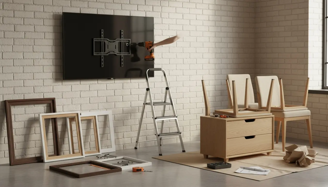 Installatør monterer et 50" TV på en murstensvæg med billeder, værktøj og delvist samlede stole og et natbord i forgrunden.