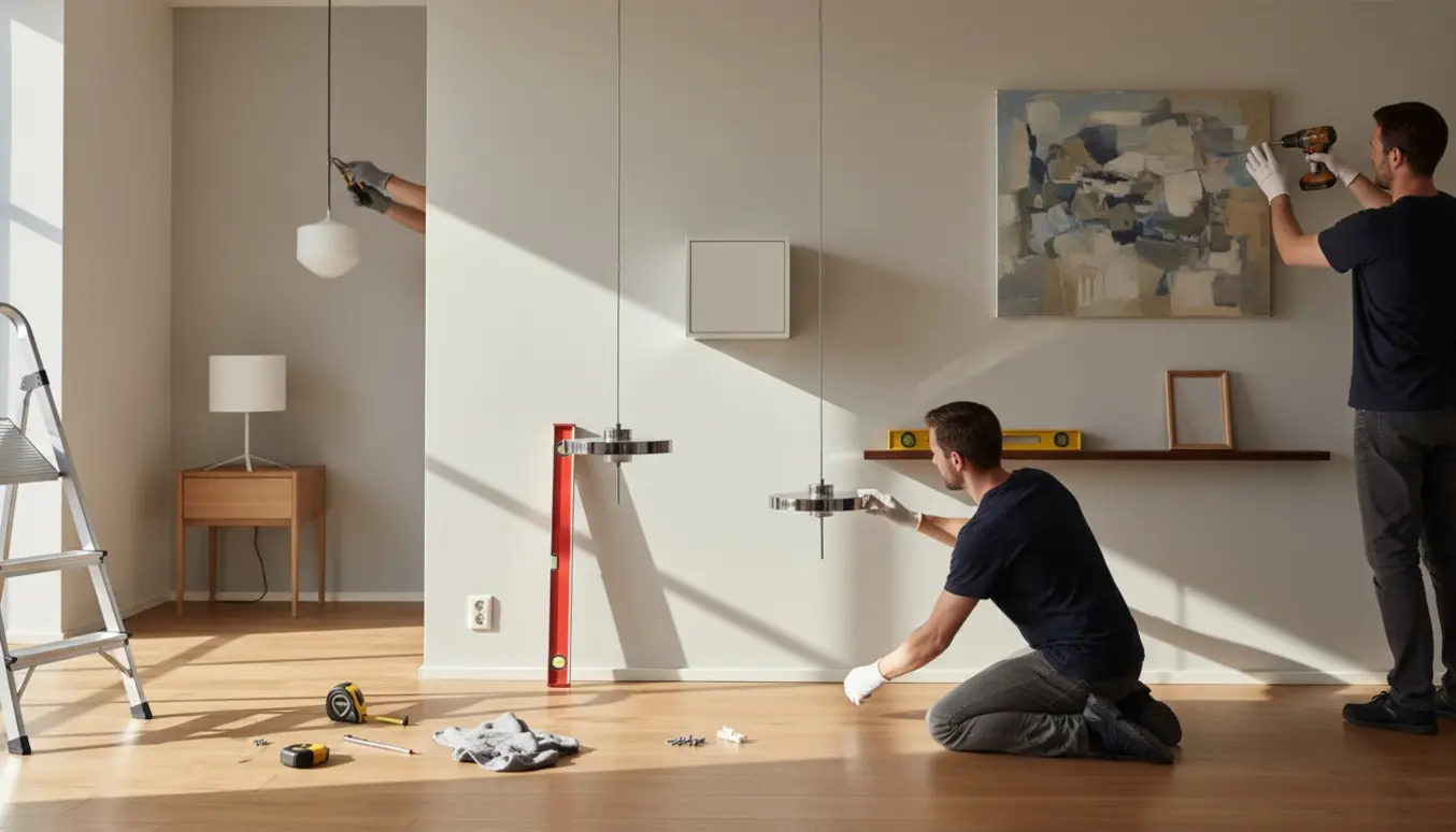 Opsætning af to Flos Parentesi-lamper i en moderne stue med værktøj og håndværkerhænder synlige.