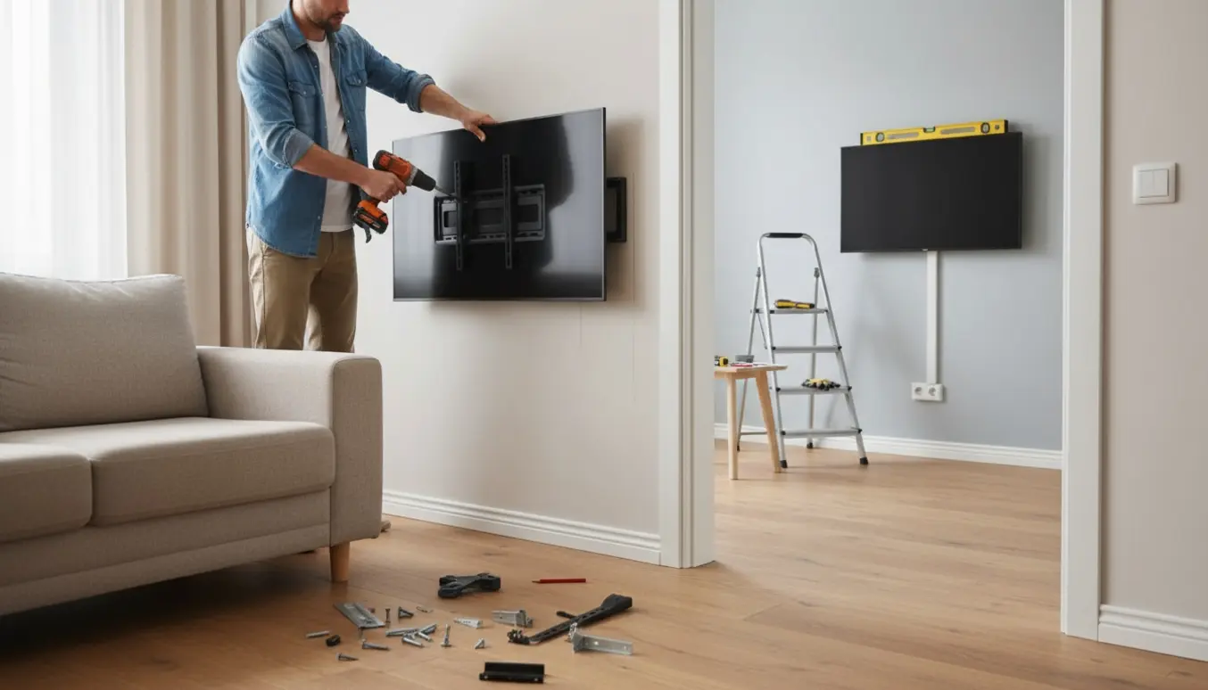 To rum med fladskærme, hvor én person uden synligt ansigt monterer et TV i forgrunden og et andet TV allerede er monteret i baggrunden.