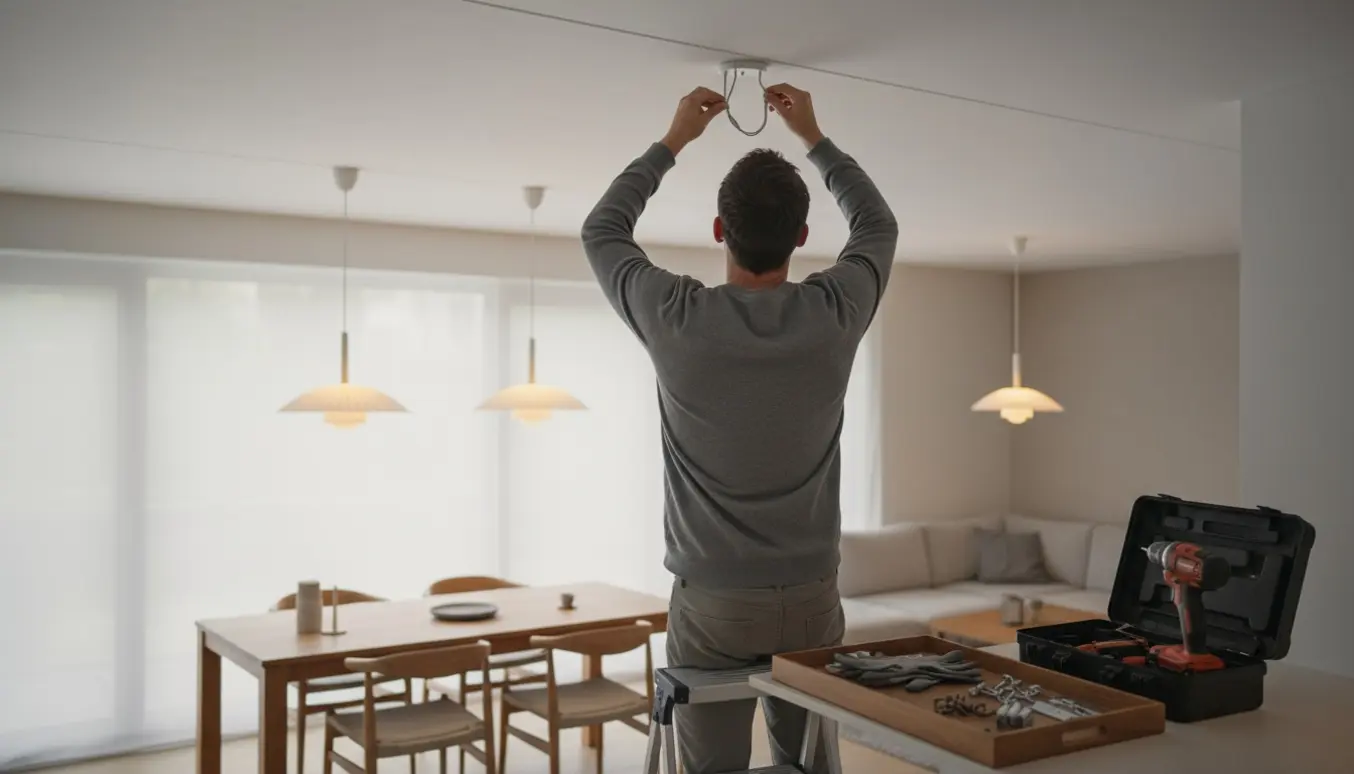 Person på en trappestige monterer en let pendel i et lavt gipsloft over spisebordet, med to andre ophængte lamper i baggrunden.