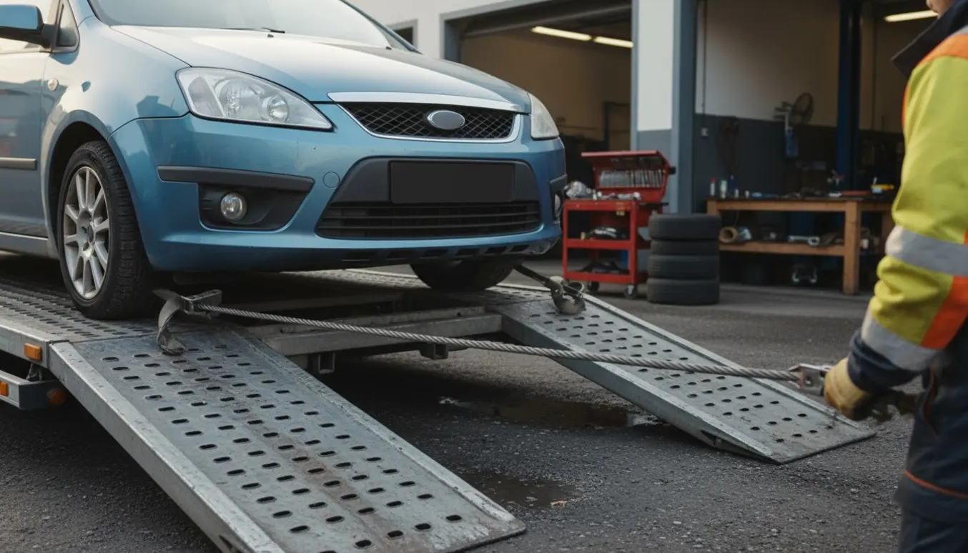 En kompakt familiebil læsses på en fladvogns-autotransporter foran et autoværksted, mens mekanikere spænder den fast.