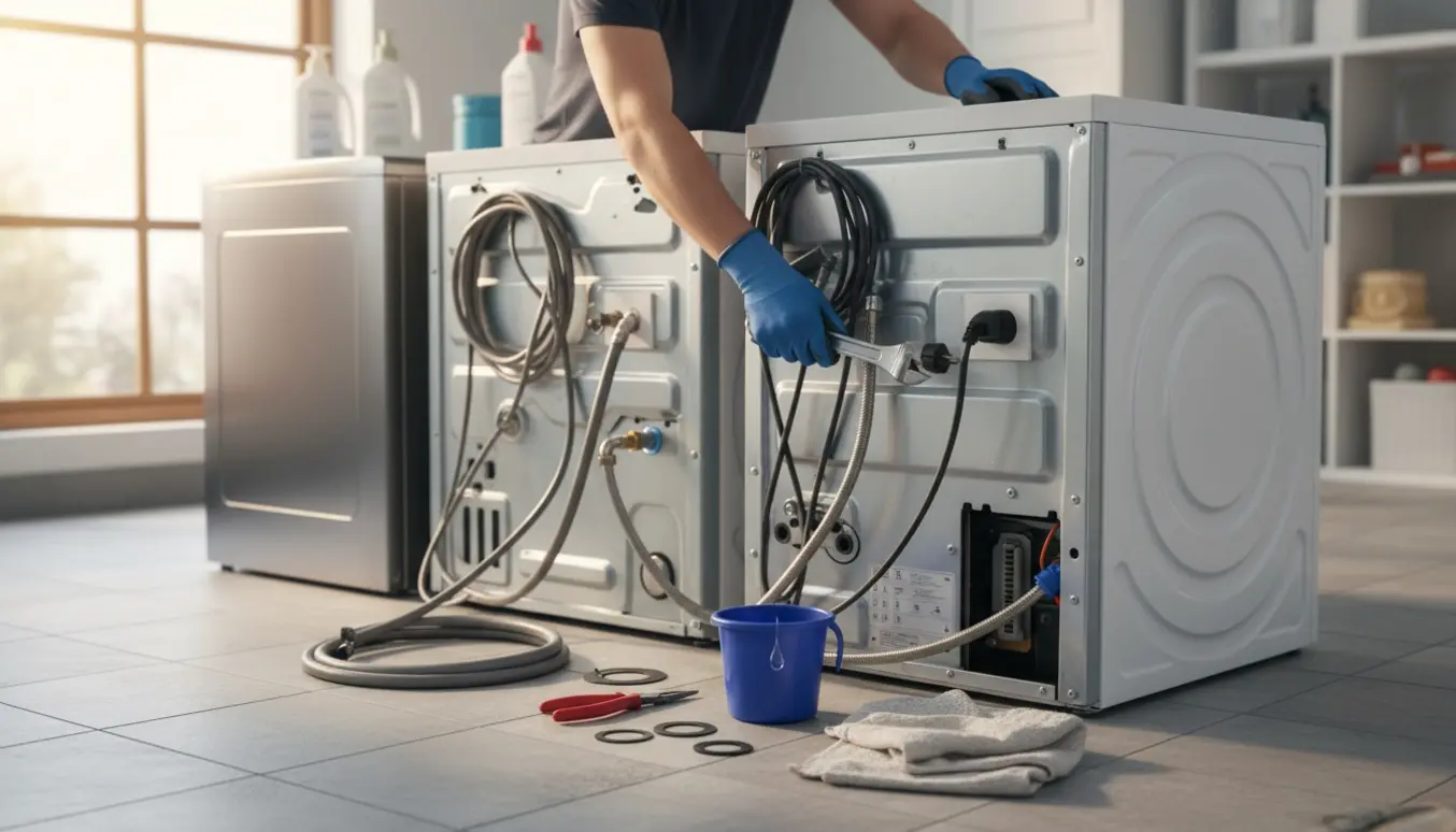 Handskerede hænder afkobler slanger og elstik på en vaskemaskine, tørretumbler og opvaskemaskine.