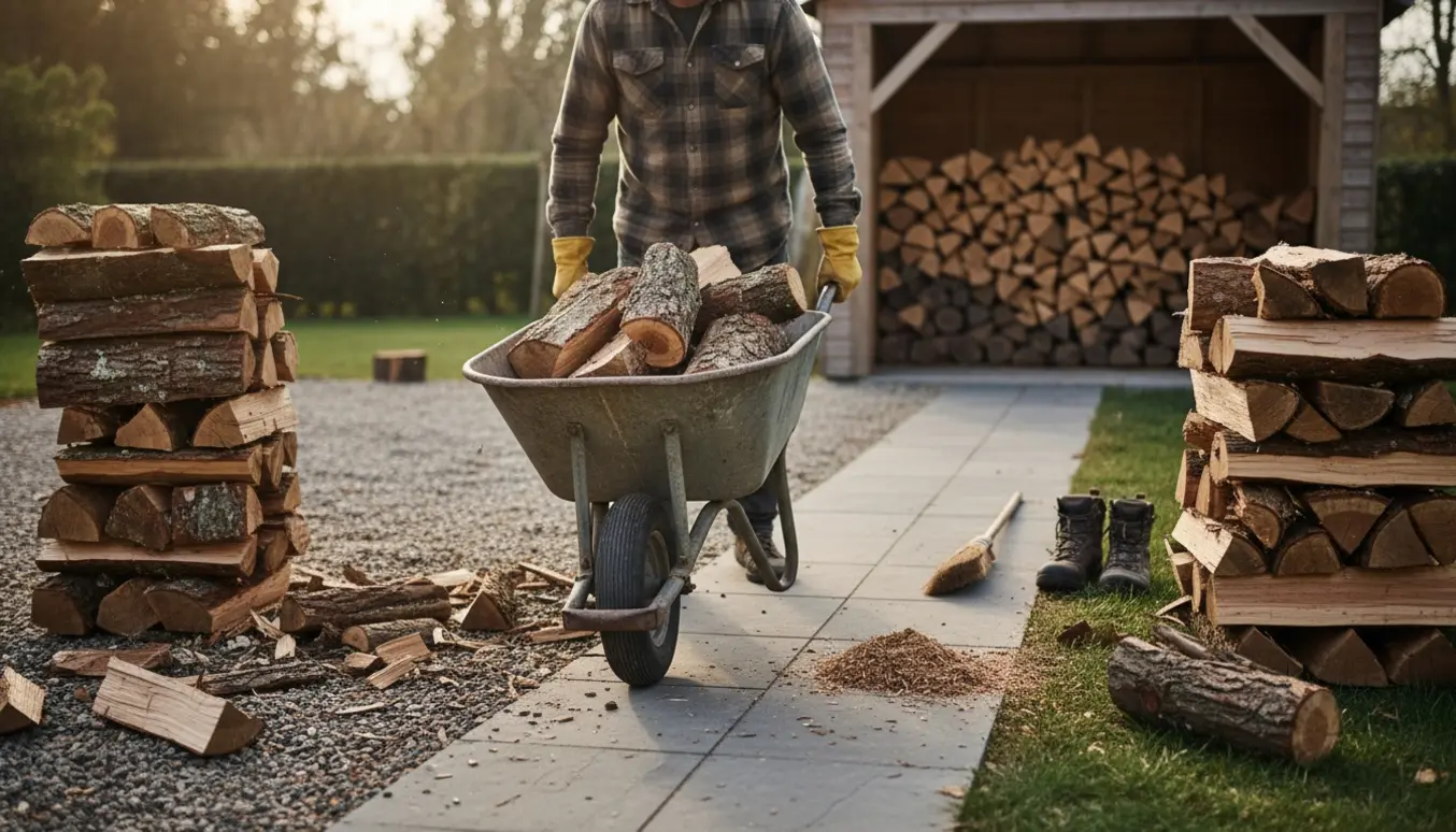 Trillebør og handsker bruges til at flytte brænde over en fliseindkørsel og stable det i et brændeskur.