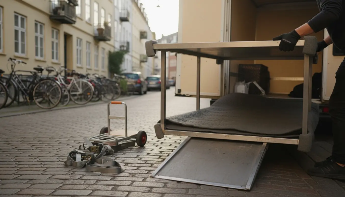 Et stort stålbord bliver løftet ind i en flyttebil på en københavnsk gade.
