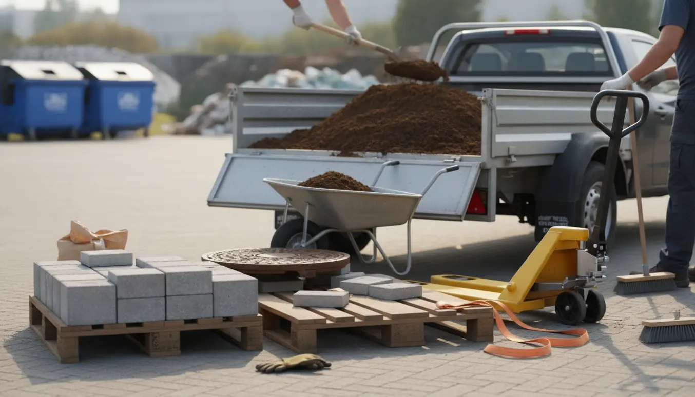 To paller med fliser og et brønddæksel ved en trailer klar til bortkørsel.