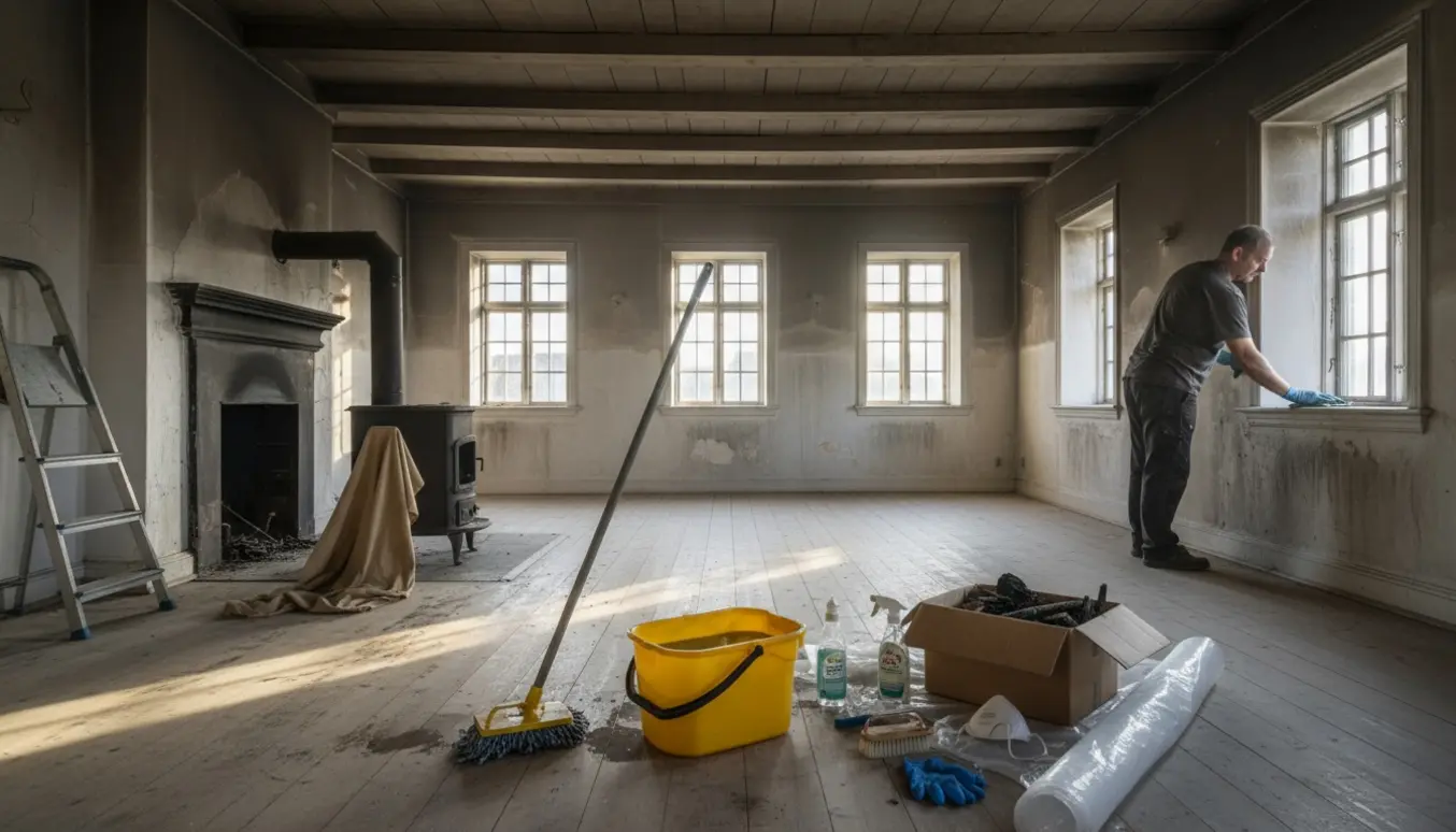 Indvendigt foto af et gammelt dansk stuehus efter brændeovnsbrand med rengøringsudstyr og arbejdshænder uden synlige ansigter.