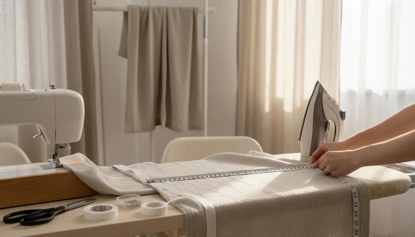 Hænder måler og lægger fire gardiner op med oplægningsbånd, strygejern og symaskine i et lyst rum.