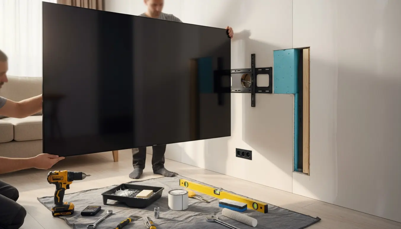 Nærbillede af ophængning af stort fladskærms-TV på væg med kabelgennemføringer og reparerede huller.