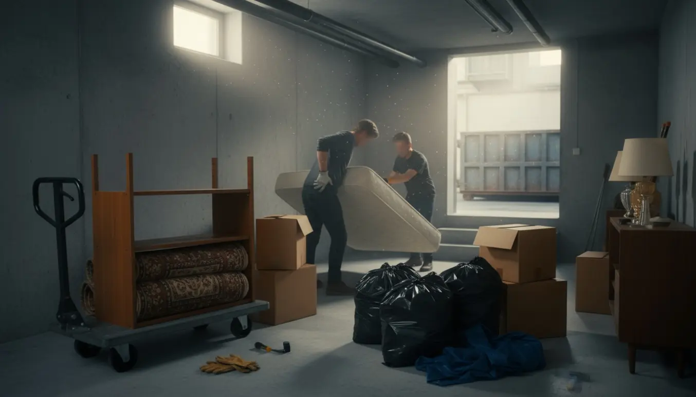 Rydning af et kælderrum med møbler, kasser og hjælpere ved en åben trappe mod en container.