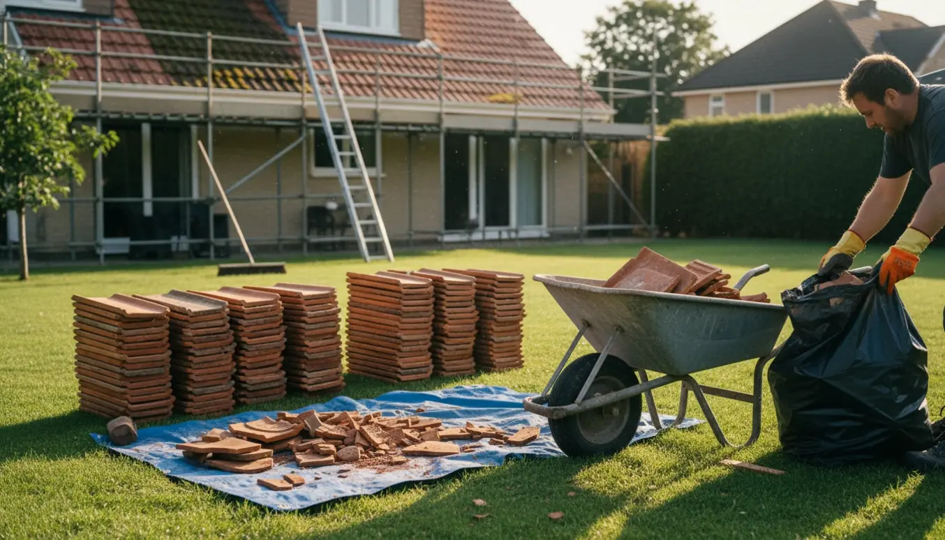 Have med bunker af tagsten og en trillebør efter tagrenovering.