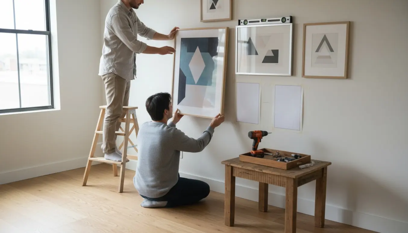 To personer hænger 4–5 indrammede malerier op på en neutral stuevæg; hænder og værktøj i fokus, ansigter slørede.