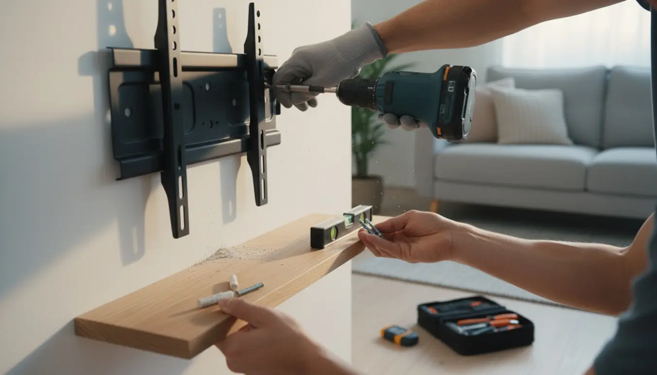 Nærbillede af hænder, der flytter et TV-vægbeslag og monterer en lille reol med boremaskine.