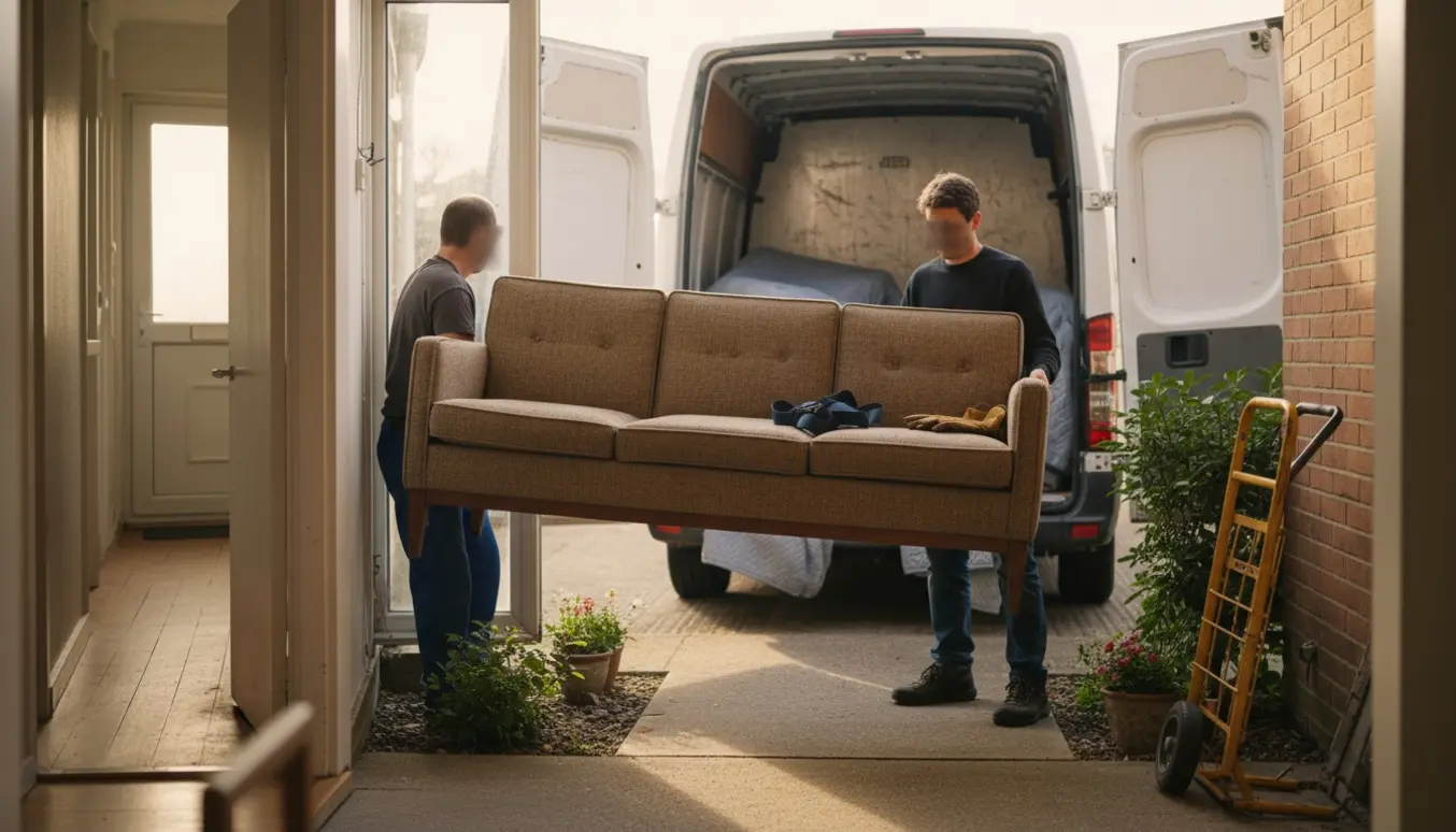 To personer bærer en 3-personers sofa ud gennem havedøren mod en varevogn klar til afhentning.