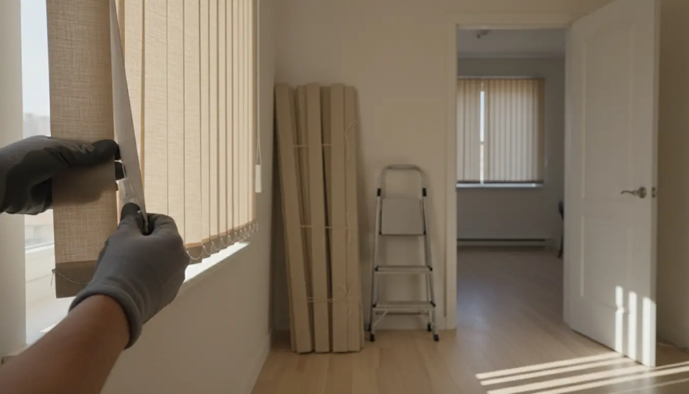 Hænder fjerner en lamelgardin fra skinnen i en lys lejlighed med en stige og fire sammenbundne lamelgardiner klar ved døren til underboen.