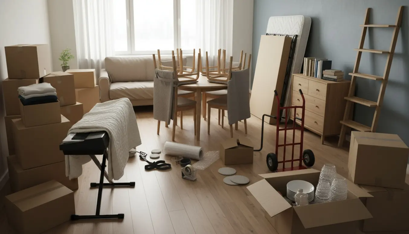 Møbler og pakkede flyttekasser i en lys lejlighed klar til flytning.