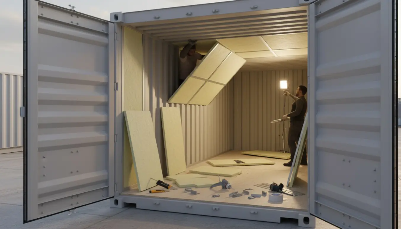Åben 10 fod container med 50 mm isoleringsplader monteret på loft, sider og døre, håndværkerhænder i arbejde.