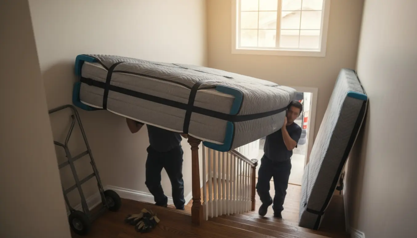 To flyttemænd bærer en seng op ad en trappe i en opgang, beskyttet af flyttetæpper og remme.