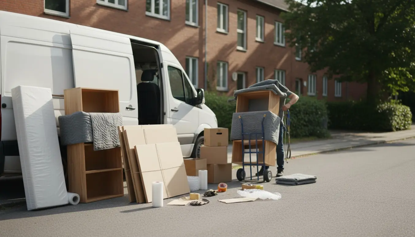Flyttehjælp i Lyngby: varebil læsser boxmadras, reoler, bordplader og flyttekasser ved en lejlighedsindgang.
