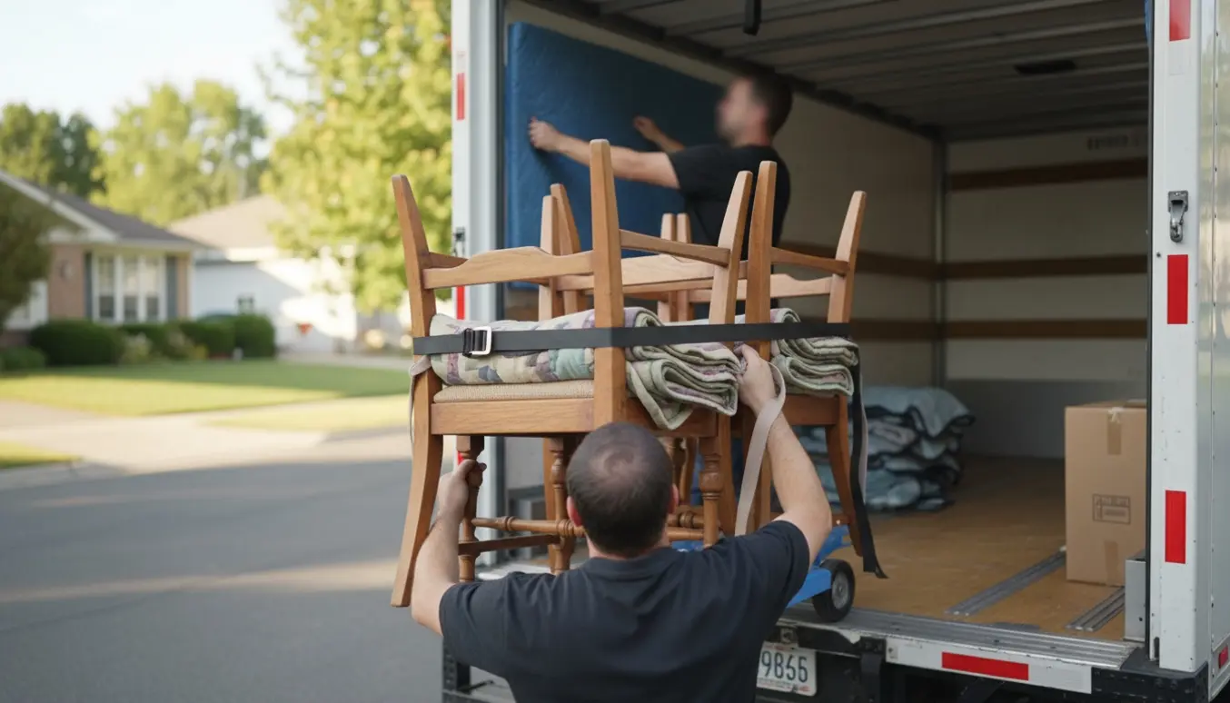Fem ældre træstole læsset og sikret i en flyttebil på en stille villavej.