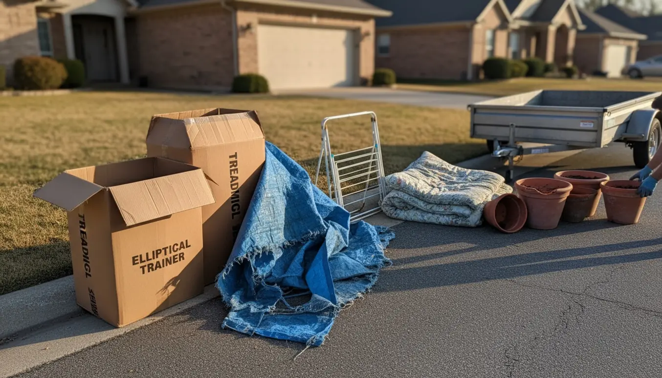 Storskrald ved indkørsel klar til afhentning: papkasser, opskåret presenning, metal tørrestativ, gammel dyne og knækkede havekrukker.