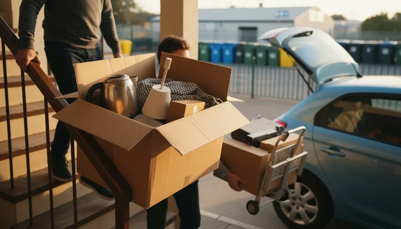 To personer bærer en stor papkasse ned ad en lejlighedstrappe mod en åben bil med genbrugscontainere synlige i baggrunden.