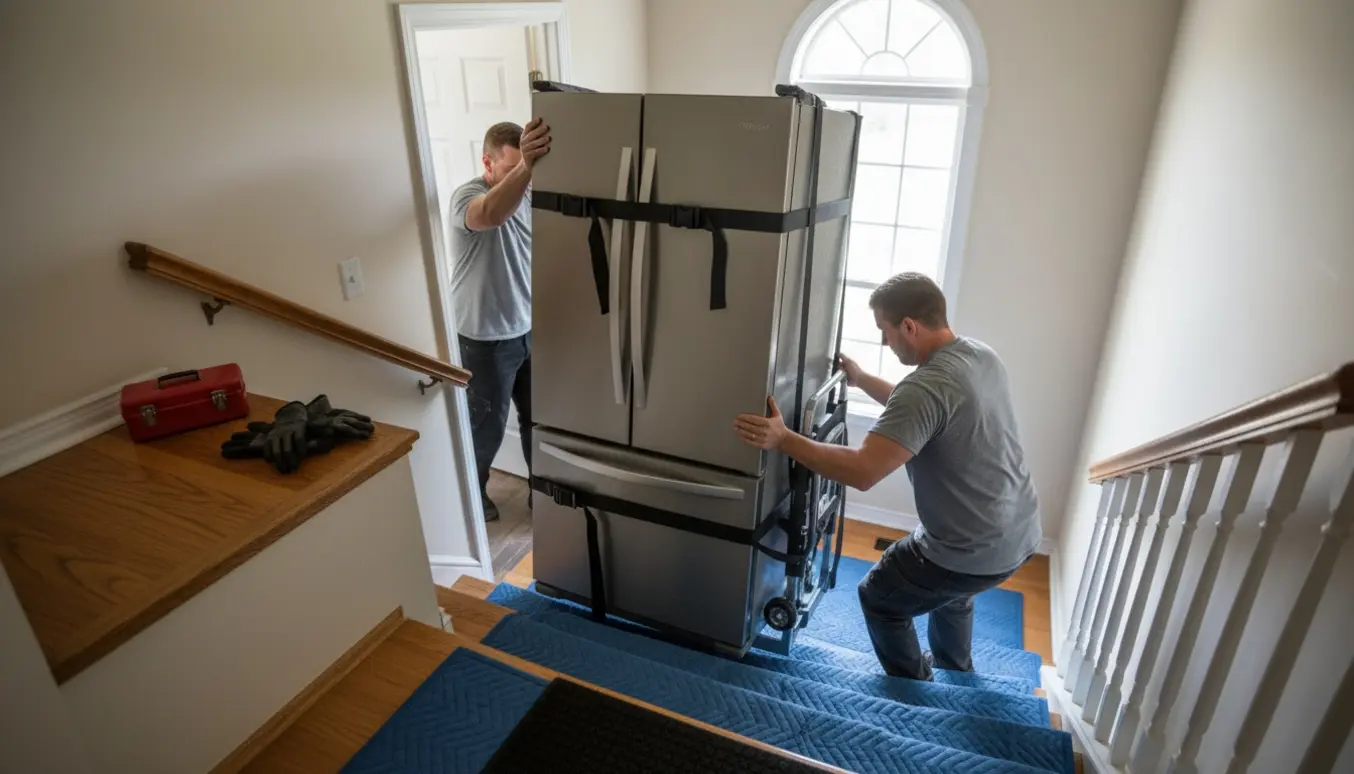 To flyttefolk bærer et stort køleskab ned ad en trappe med dolly og beskyttelsesudstyr.