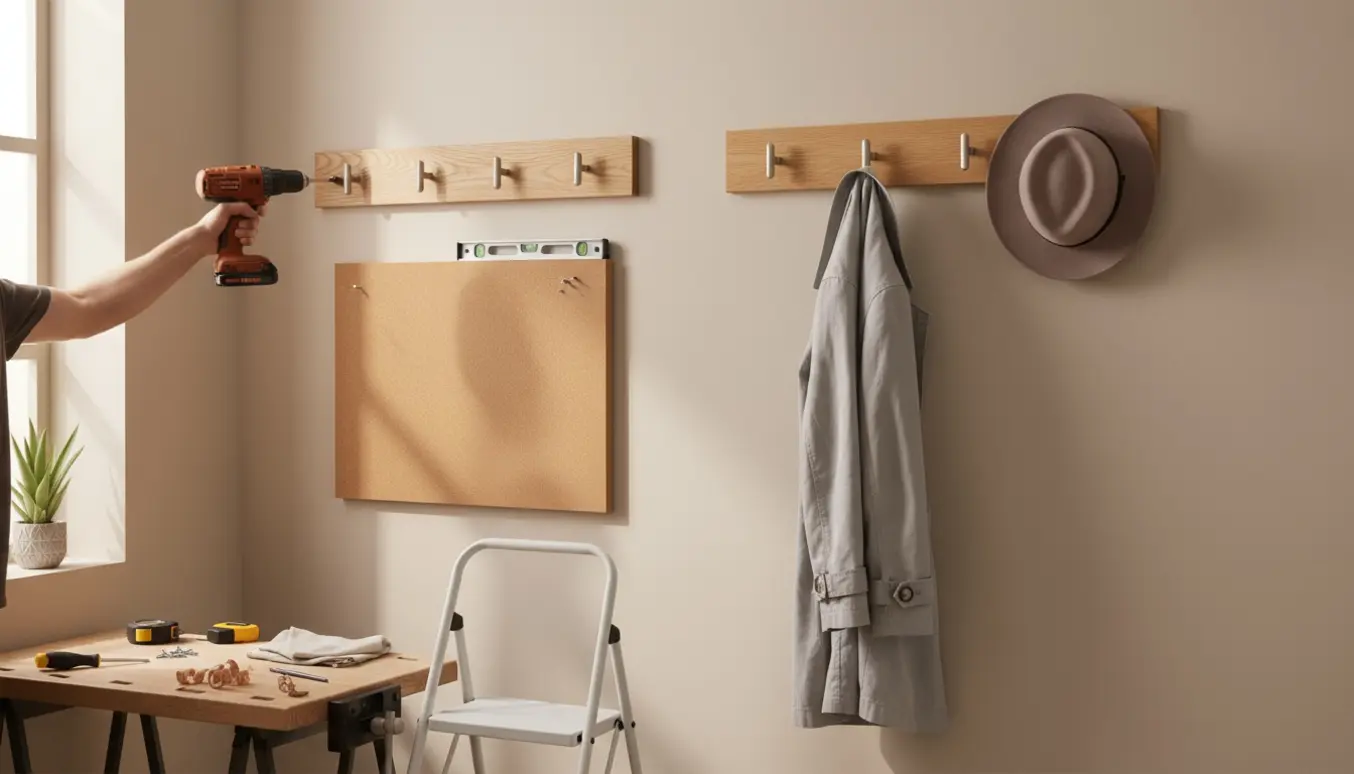 Nærbillede af hænder, der opsætter to knagerækker og hænger en opslagstavle på en lys væg.