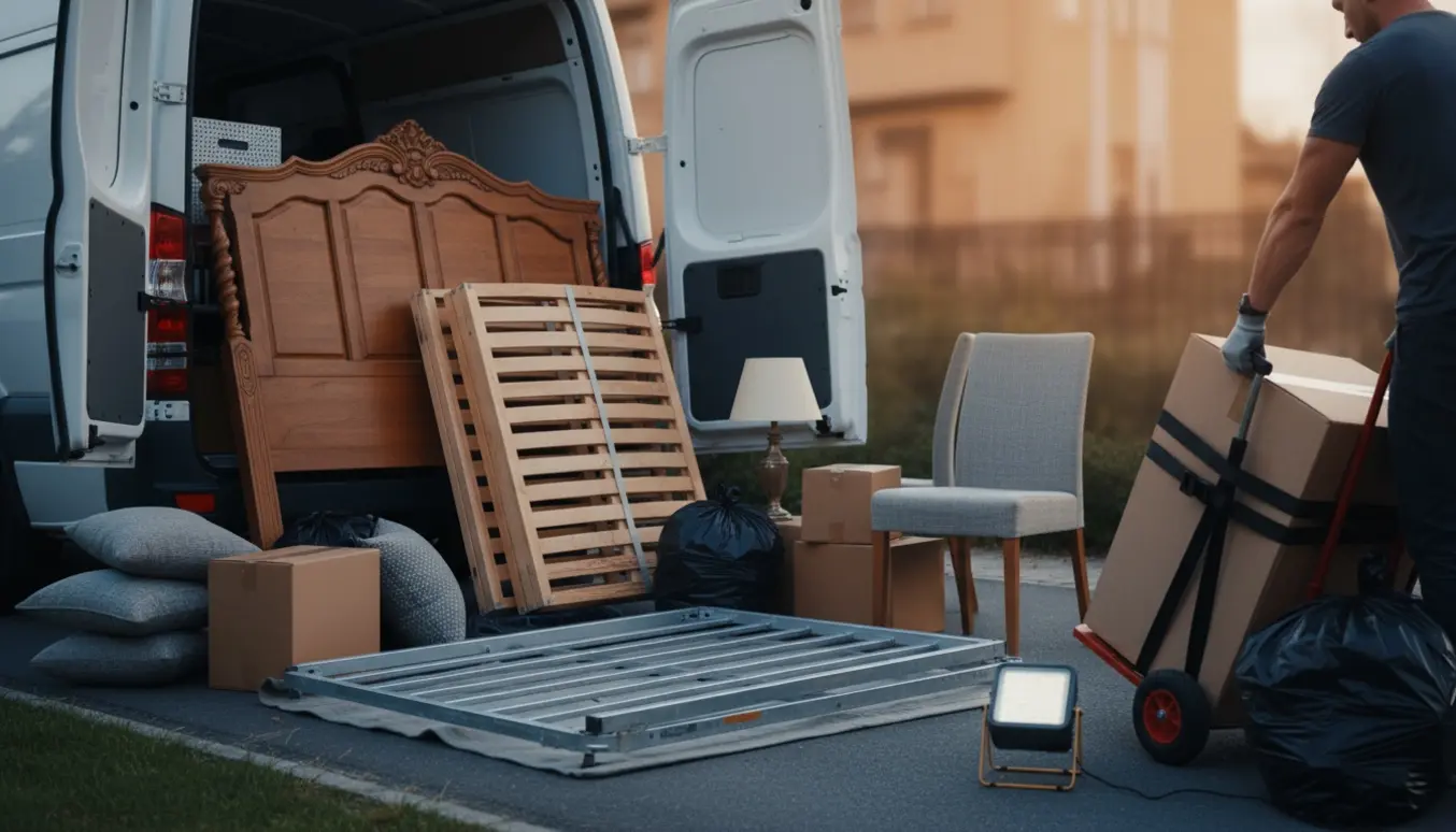 Adskilt seng, to stole og småting bliver læsset ind i en varebil på indkørslen om aftenen.