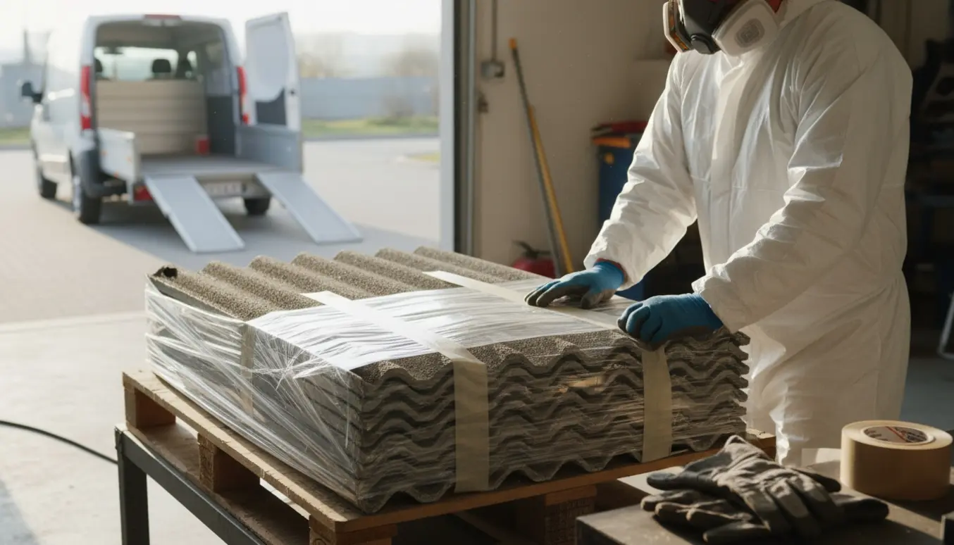 Person i beskyttelsesdragt indpakker tagplader i plastik i en garage klar til afhentning.