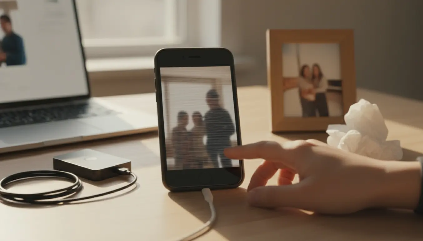 iPhone med en frossen, beskadiget video på et skrivebord forbundet til en bærbar og en ekstern harddisk.