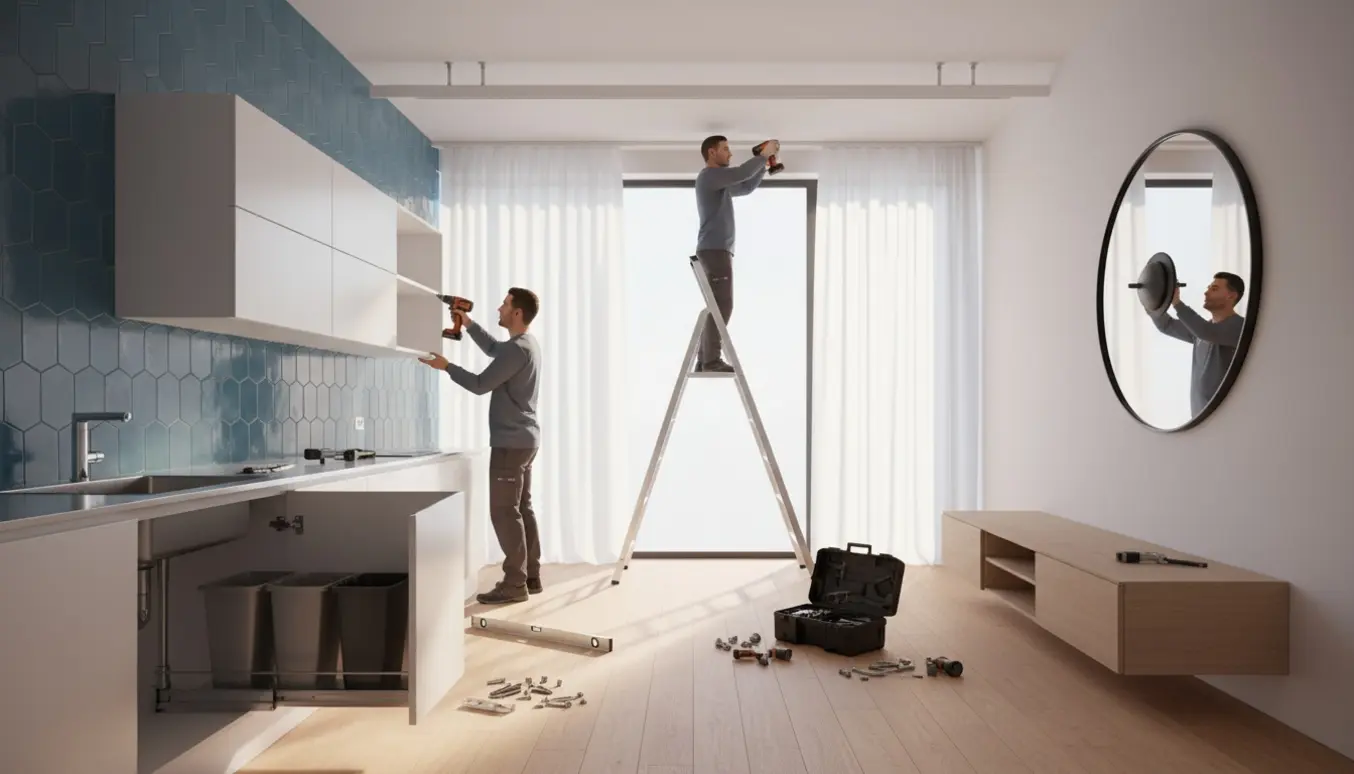 Installatører monterer modulsystem, rundt spejl, skraldesortering under vask og gardinskinne i en lys, moderne bolig.