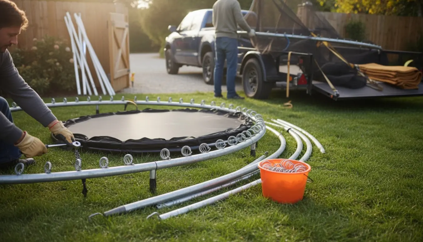 Delvist adskilt stor trampolin bliver pakket på en trailer i haven klar til bortkørsel.
