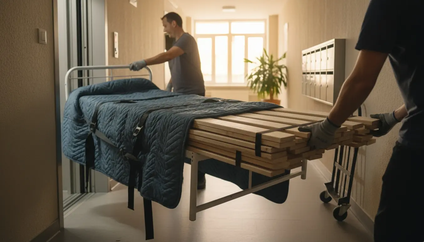 En smal enkelseng med knækkede lameller bæres ind i en elevator på vej til bortskaffelse.