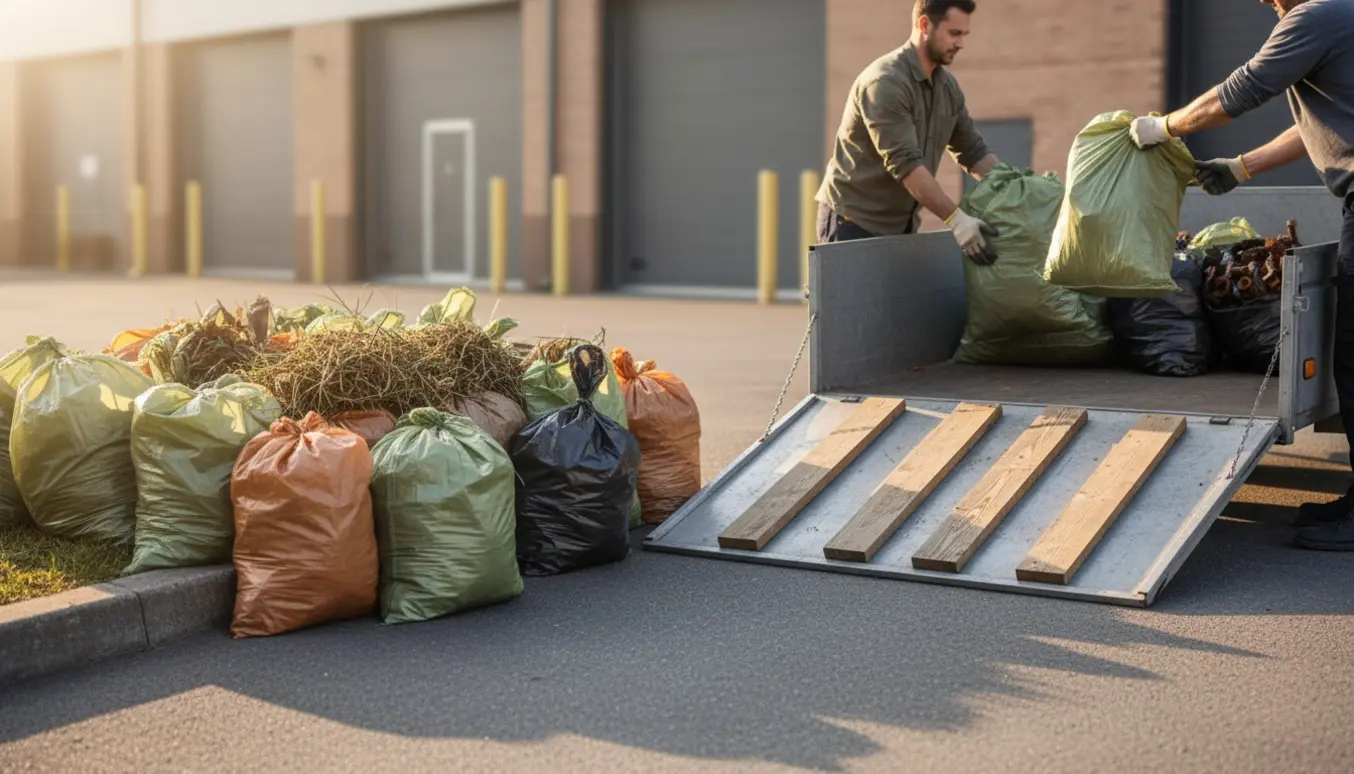 Trailer ved erhvervsejendom med stabler af sække med haveaffald, jernskrot og fire mindre bjælker klar til afhentning.
