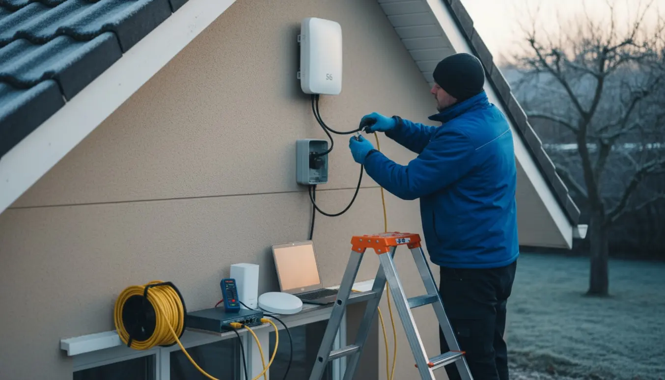 Tekniker på stige ordner en 5G-modtager på husgavl med netværksudstyr og kabler på en arbejdsbænk.