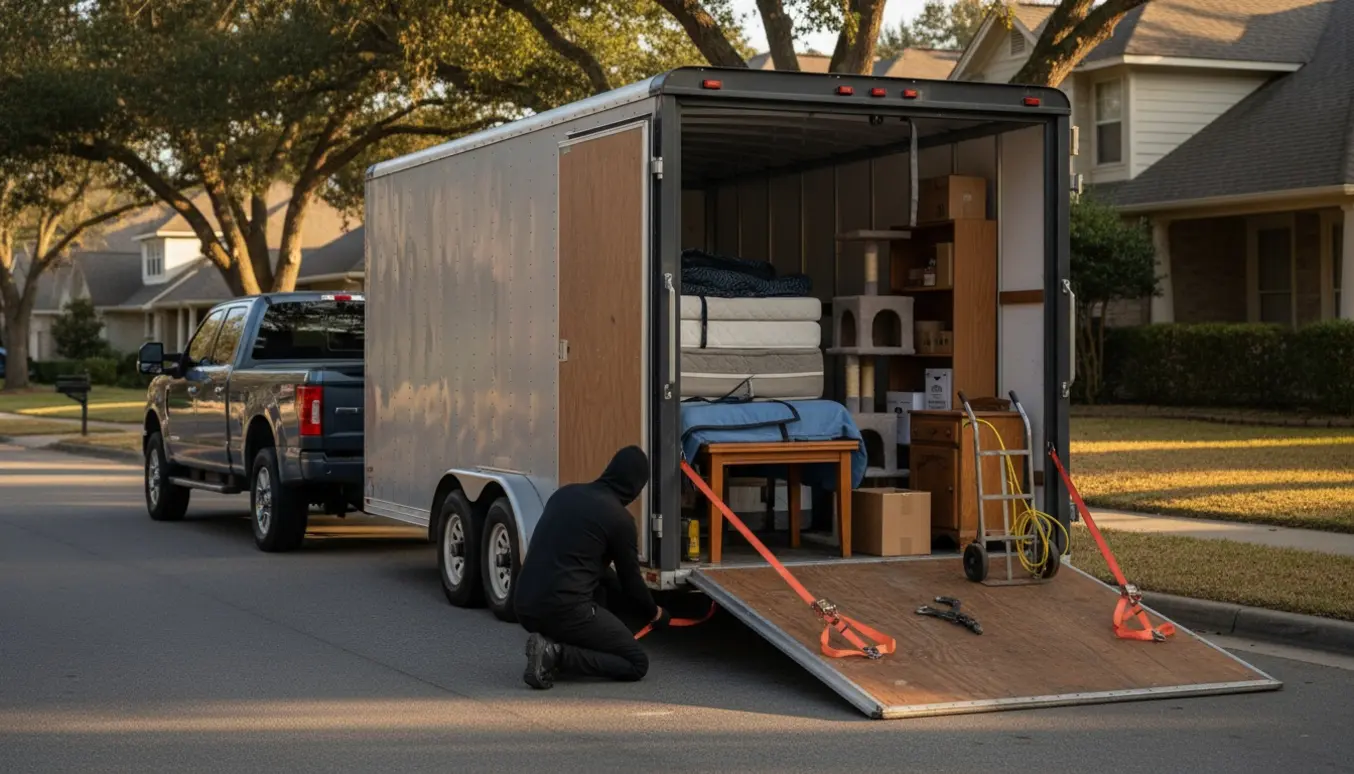 En stor trailer med møbler som seng, bord, kattetræ, reol og kommode sikret på rampen ved en stille boligvej.