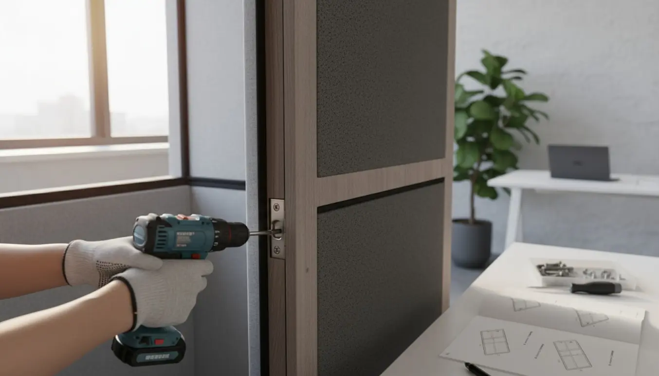 Nærbillede af hænder, der samler en lydtæt telefonboks i et lyst kontor med værktøj og manual ved siden af.