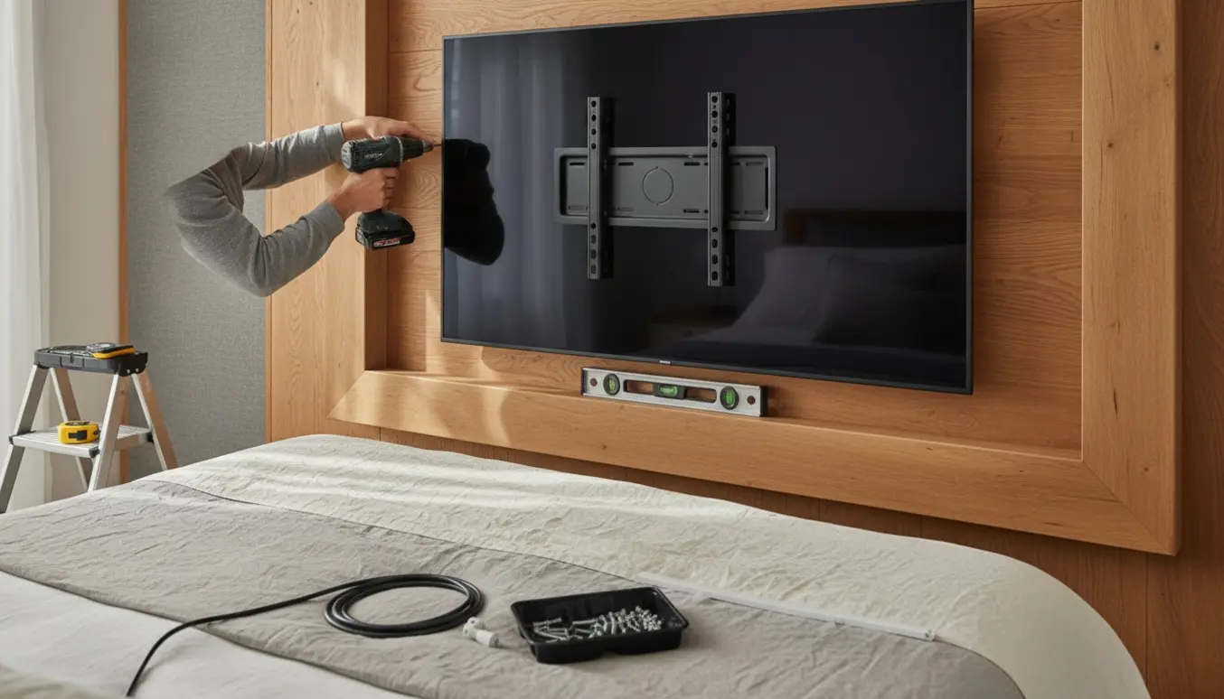 Et fladskærms-tv bliver monteret på en trævæg over en seng med værktøj og niveauværktøj i brug.