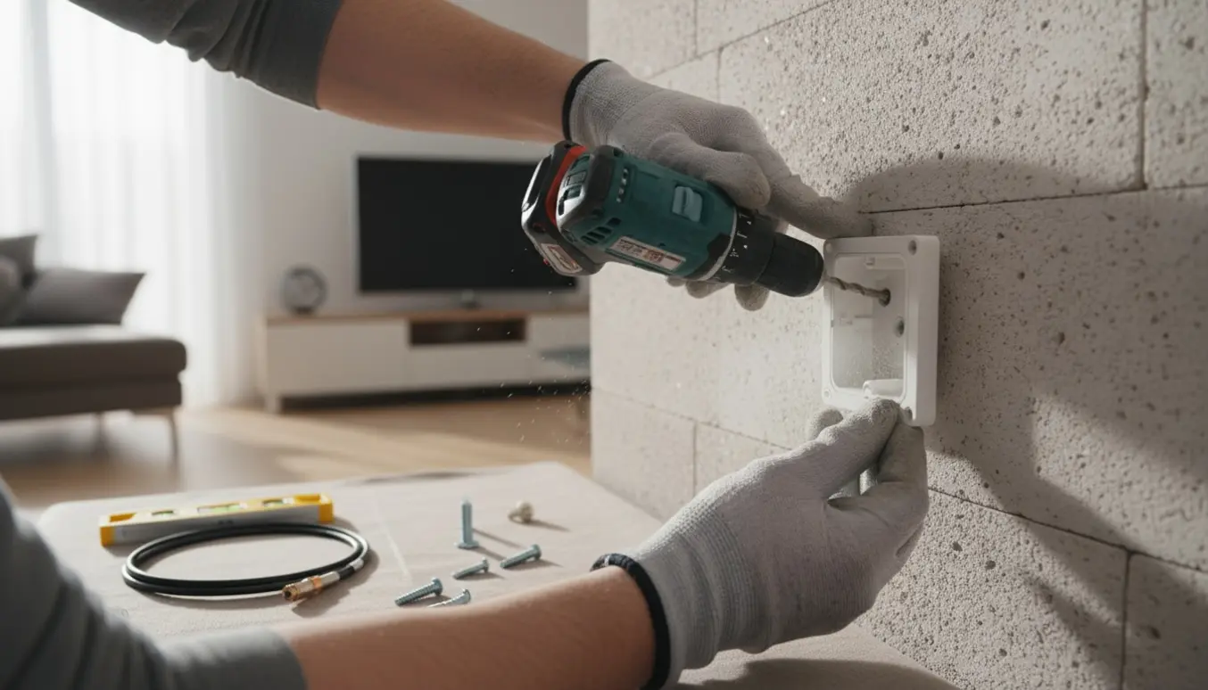 Hænder fastgør en antennestikdåse i en letbetonvæg med boremaskine og ankre.